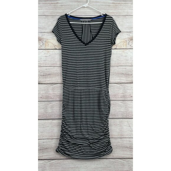 Athleta Dresses & Skirts - Athleta Topanga V-Neck Striped Ruched Side‎ Shirt Dress Women's Small Gray/Black